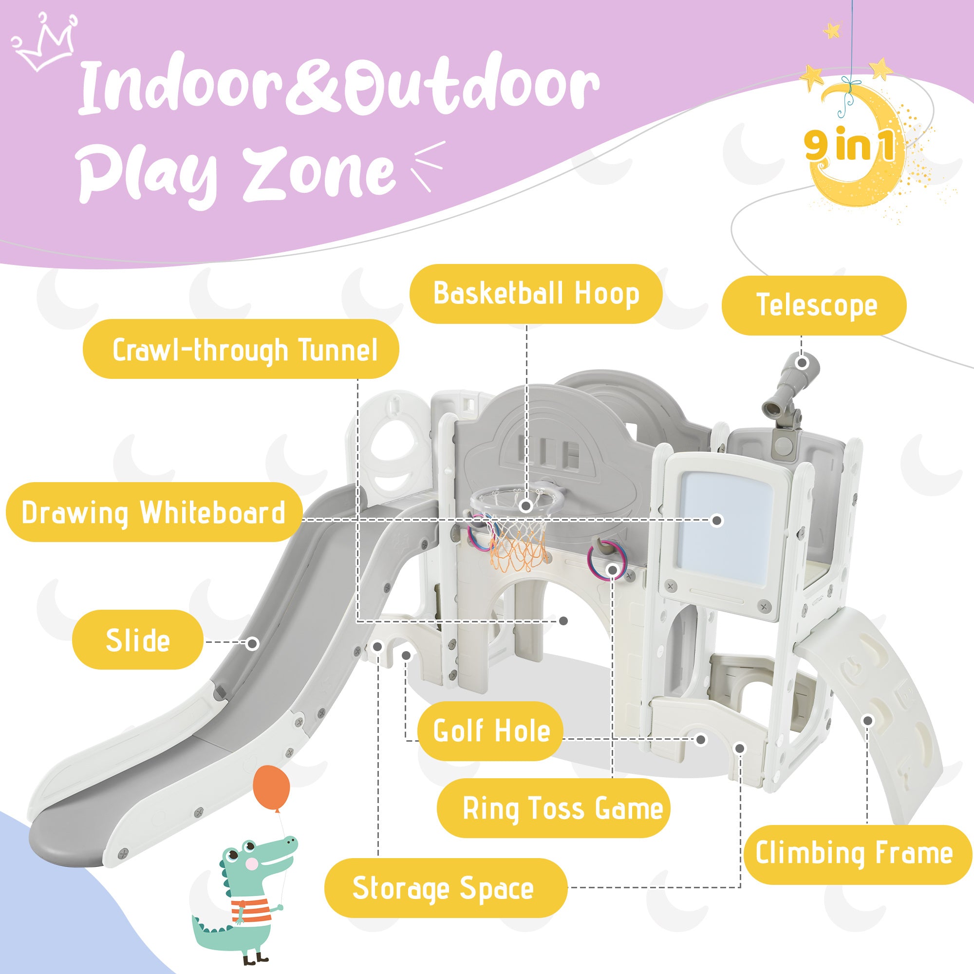 Kids Slide Playset Structure 9 in 1, Freestanding Spaceship Set with Slide, Arch Tunnel, Ring Toss, Drawing Whiteboardl and Basketball Hoop for Toddlers, Kids Climbers Playground - VINE GLOBAL