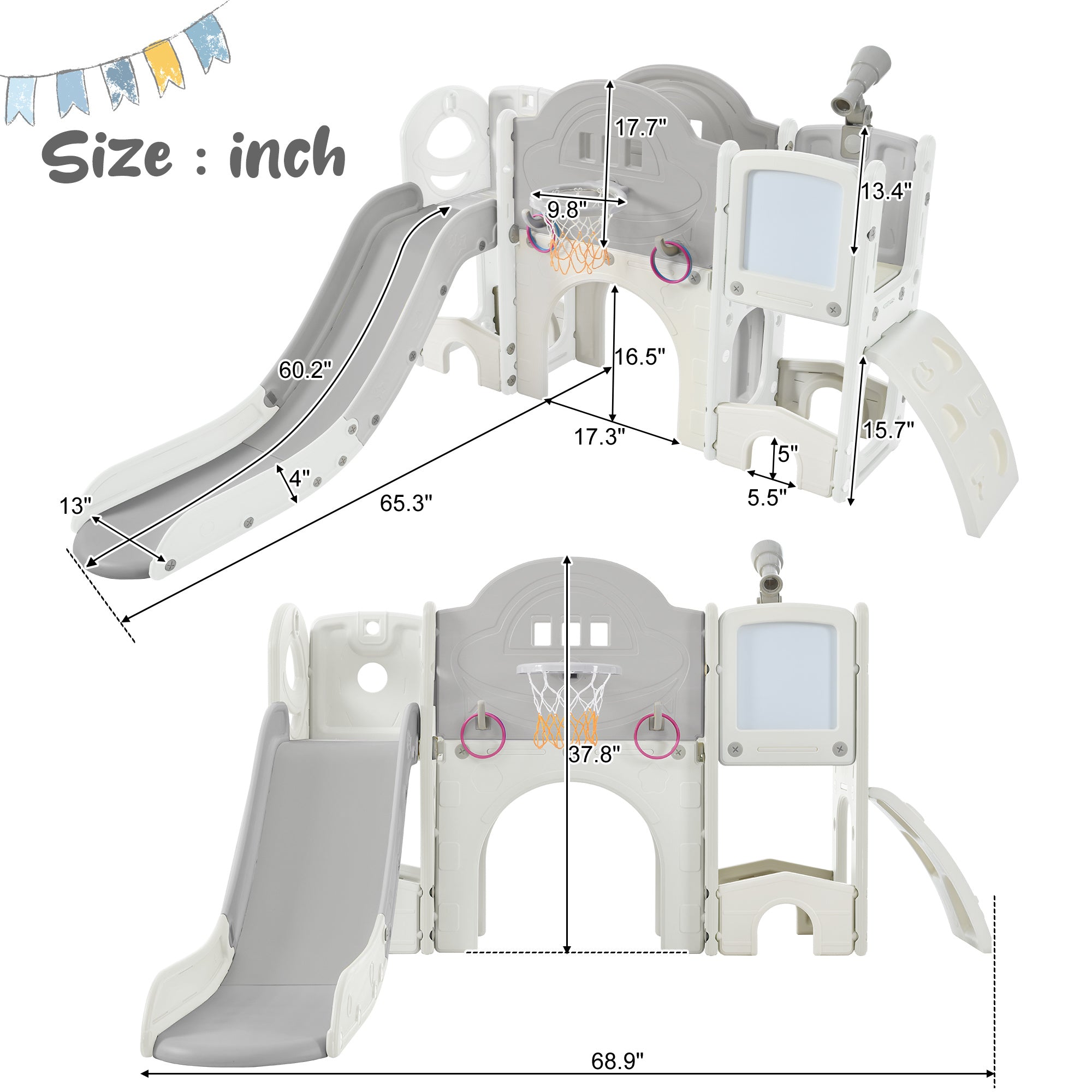 Kids Slide Playset Structure 9 in 1, Freestanding Spaceship Set with Slide, Arch Tunnel, Ring Toss, Drawing Whiteboardl and Basketball Hoop for Toddlers, Kids Climbers Playground - VINE GLOBAL
