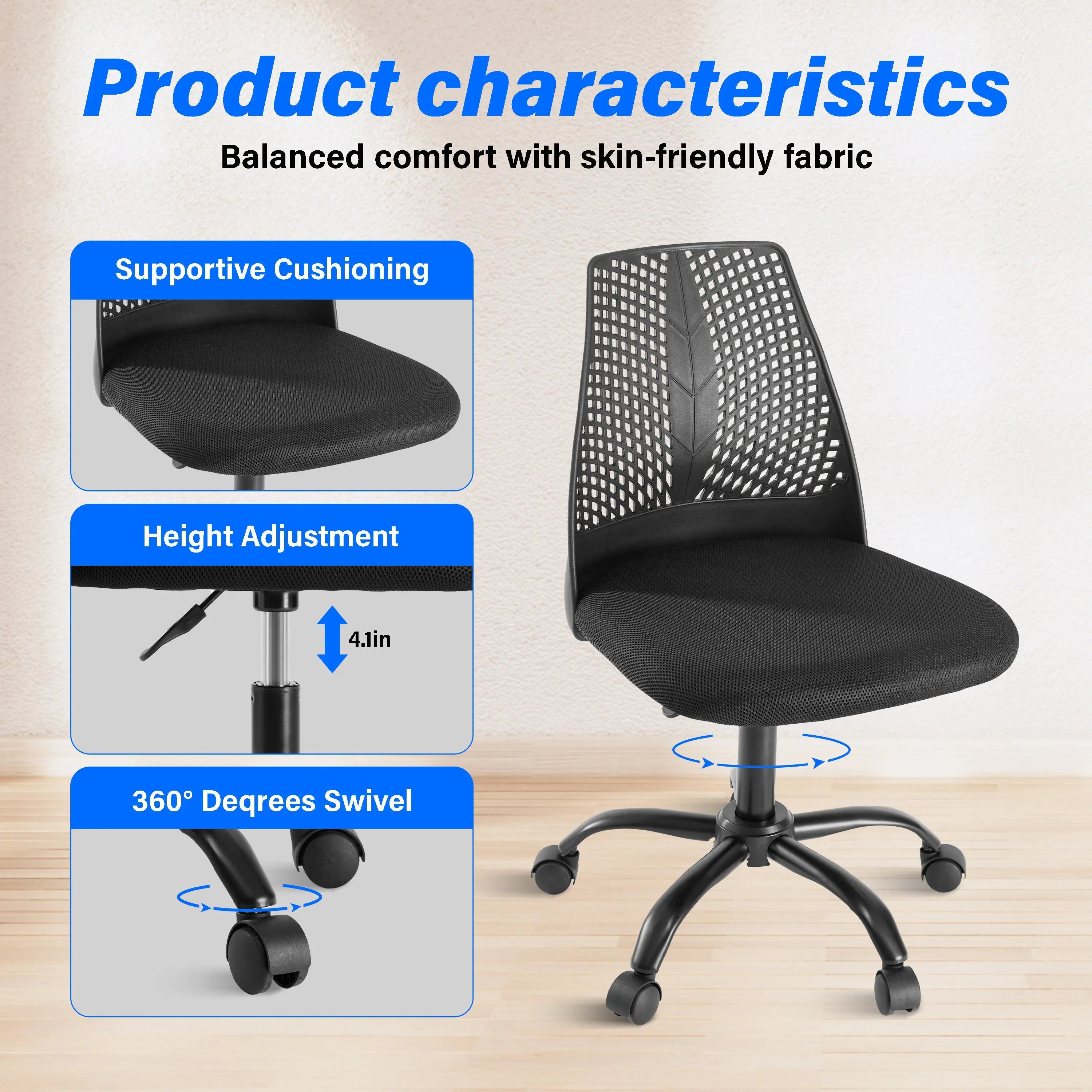 Ergonomic Office and Home Chair with Supportive Cushioning, Black - VINE GLOBAL