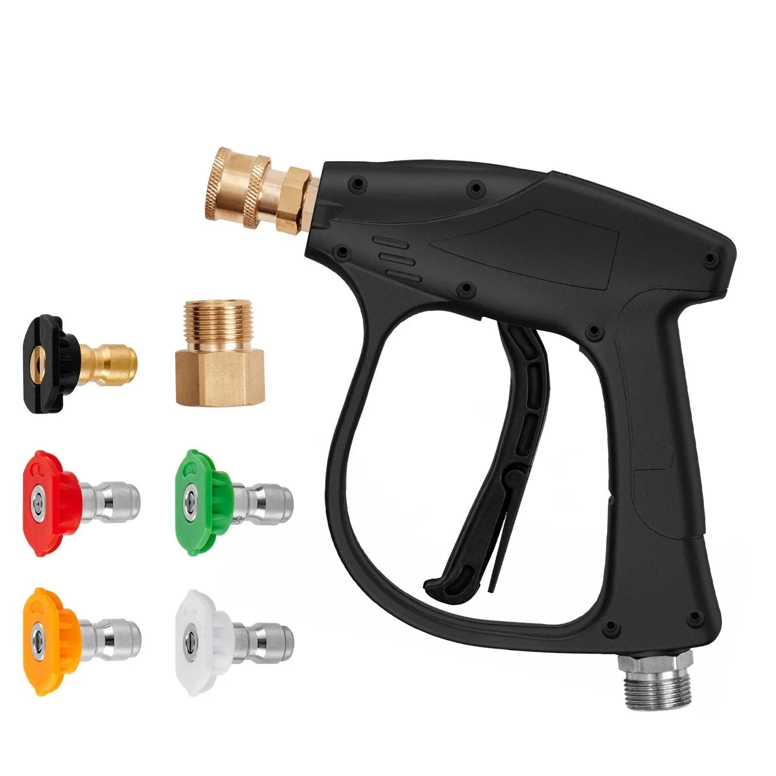 VEVOR Short Pressure Washer Gun, 4350 PSI High Power Washer Spay Gun, M22-14 Inlet & 1/4'' Outlet Hose Connector Foam Gun, Stainless Steel Pressure Washer Handle with 5 Color Quick Connect Nozzles - VINE GLOBAL