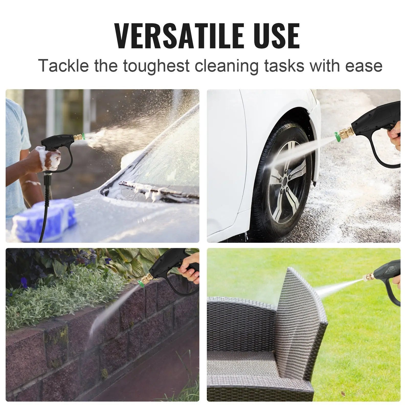 VEVOR Short Pressure Washer Gun, 4350 PSI High Power Washer Spay Gun, M22-14 Inlet & 1/4'' Outlet Hose Connector Foam Gun, Stainless Steel Pressure Washer Handle with 5 Color Quick Connect Nozzles - VINE GLOBAL