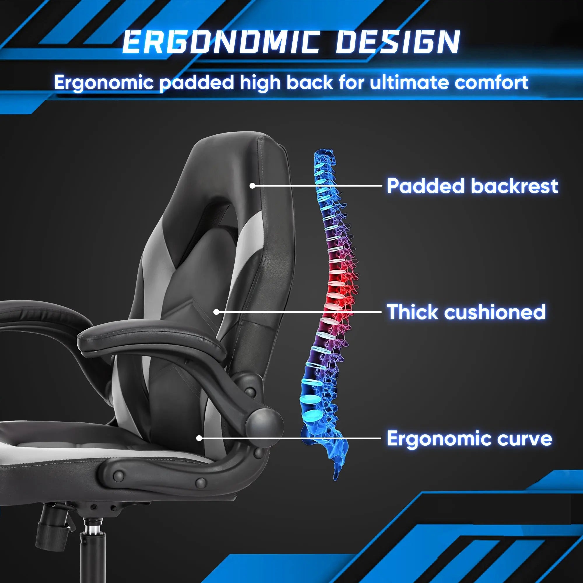 Sweetcrispy Gaming Chair - PU Leather Computer Chair Ergonomic Office Chair with Lumbar Support, Height Adjustable Rolling Desk Chairs with Flip-up Armrests - VINE GLOBAL
