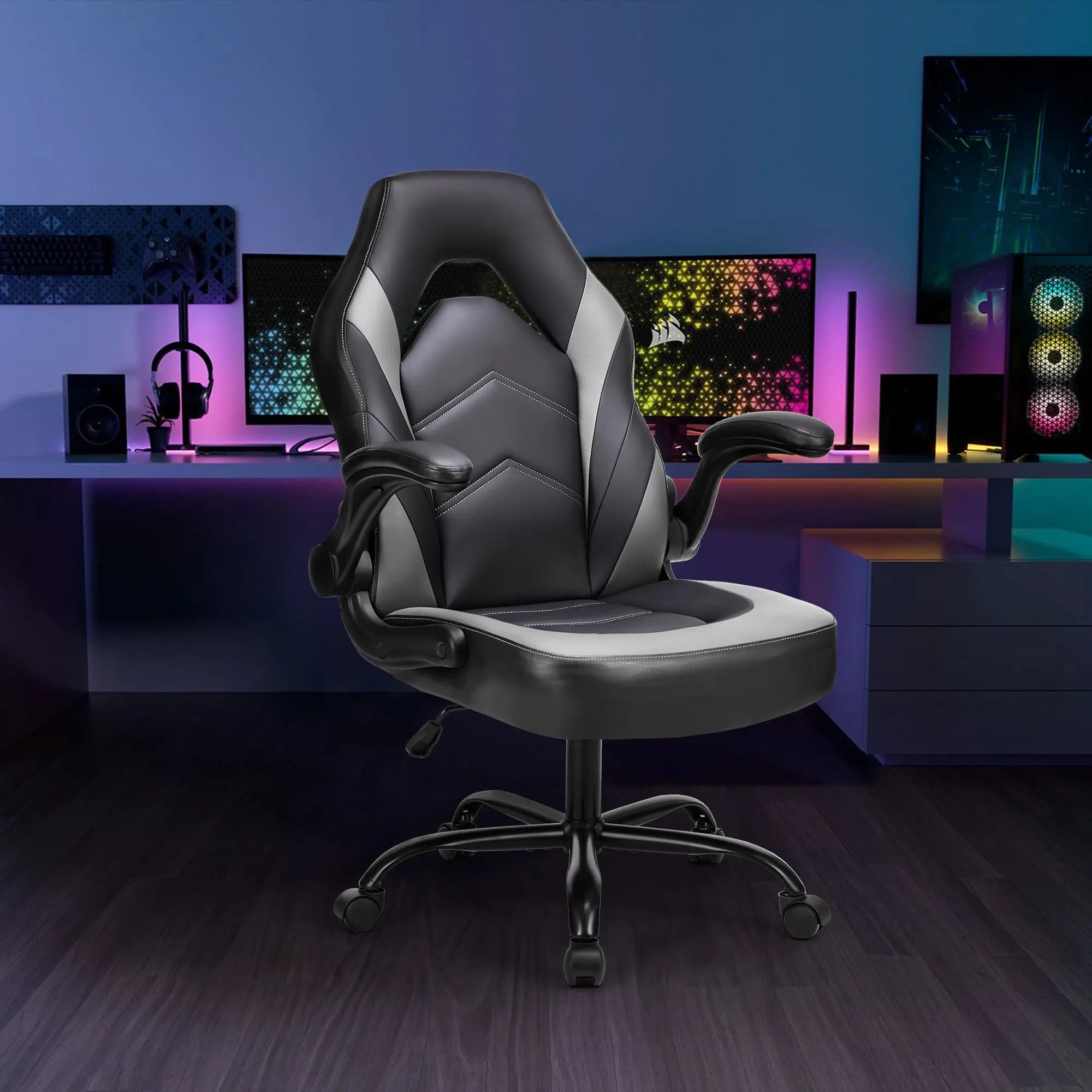Sweetcrispy Gaming Chair - PU Leather Computer Chair Ergonomic Office Chair with Lumbar Support, Height Adjustable Rolling Desk Chairs with Flip-up Armrests - VINE GLOBAL