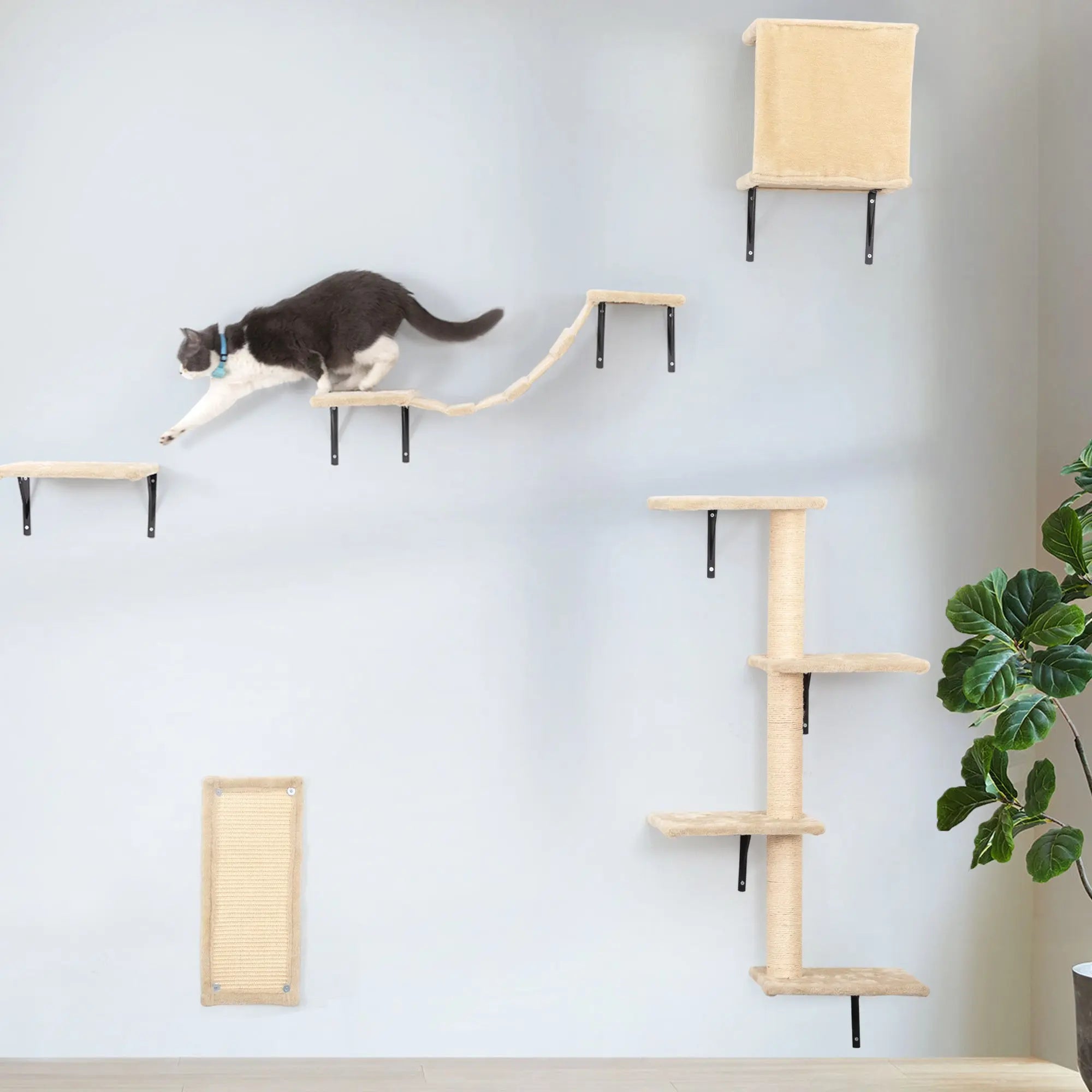 5 Pcs Wall Mounted Cat Climber Set;  Floating Cat Shelves and Perches;  Cat Activity Tree with Scratching Posts;  Modern Cat Furniture - VINE GLOBAL