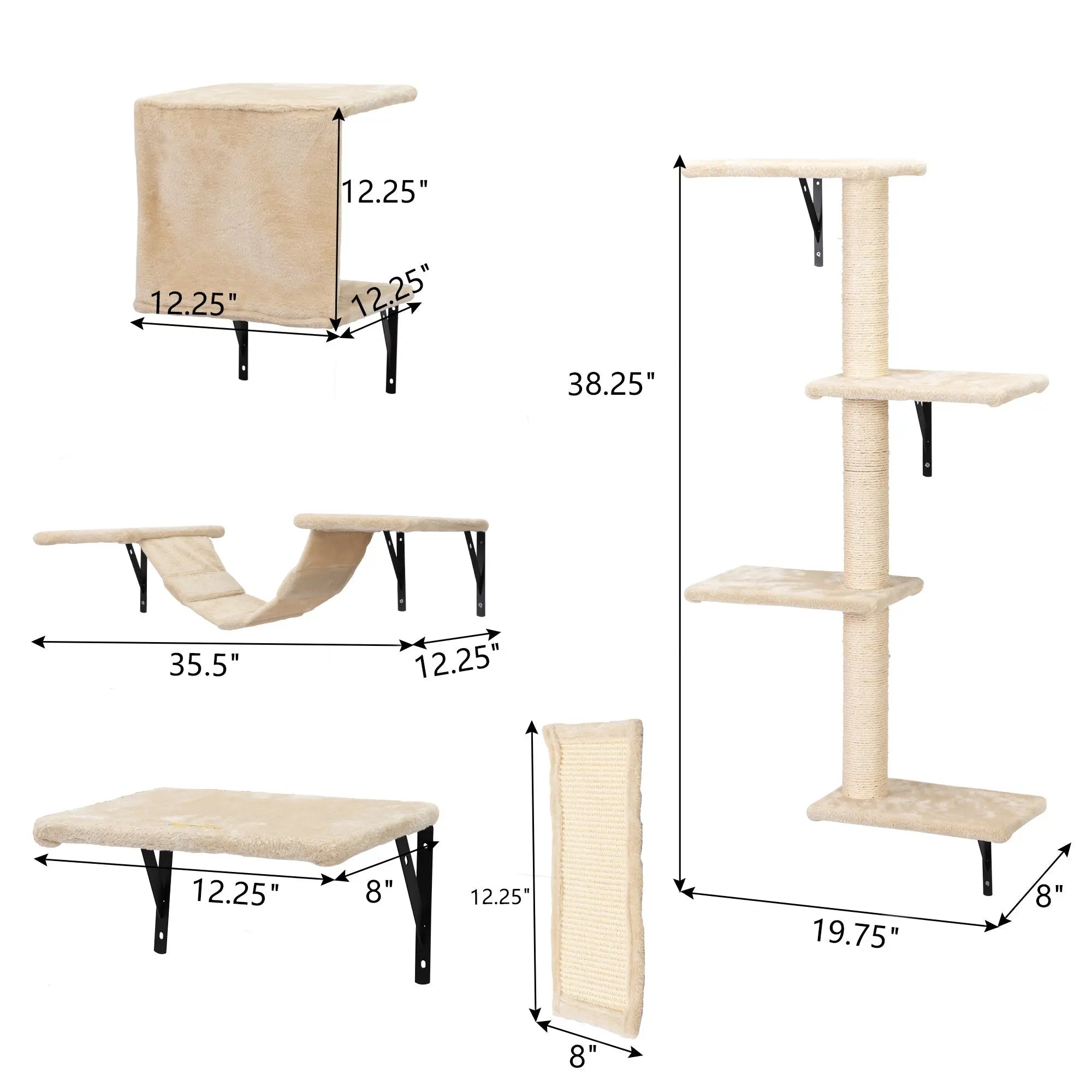 5 Pcs Wall Mounted Cat Climber Set;  Floating Cat Shelves and Perches;  Cat Activity Tree with Scratching Posts;  Modern Cat Furniture - VINE GLOBAL