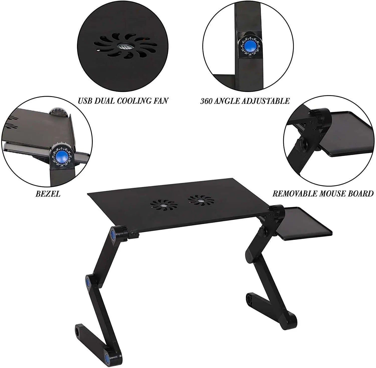 Foldable Aluminum Laptop Desk Adjustable Portable Table Stand with 2 CPU Cooling Fans and Mouse Pad - VINE GLOBAL