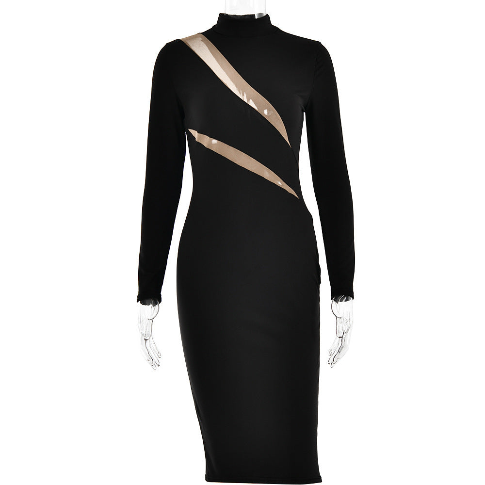 Round Neck Long Sleeve Stitching Dress Women - VINE GLOBAL