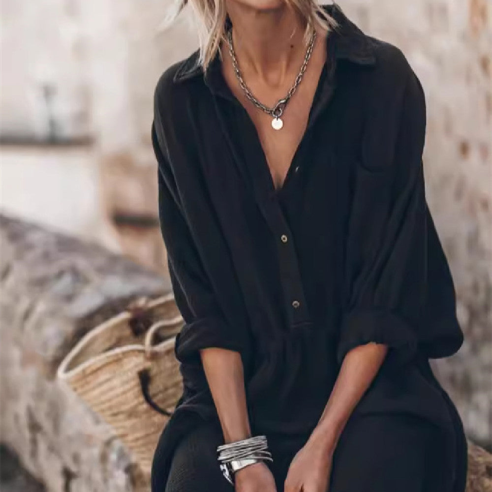 Women's Cotton And Linen V-neck Mid-length Dress - VINE GLOBAL