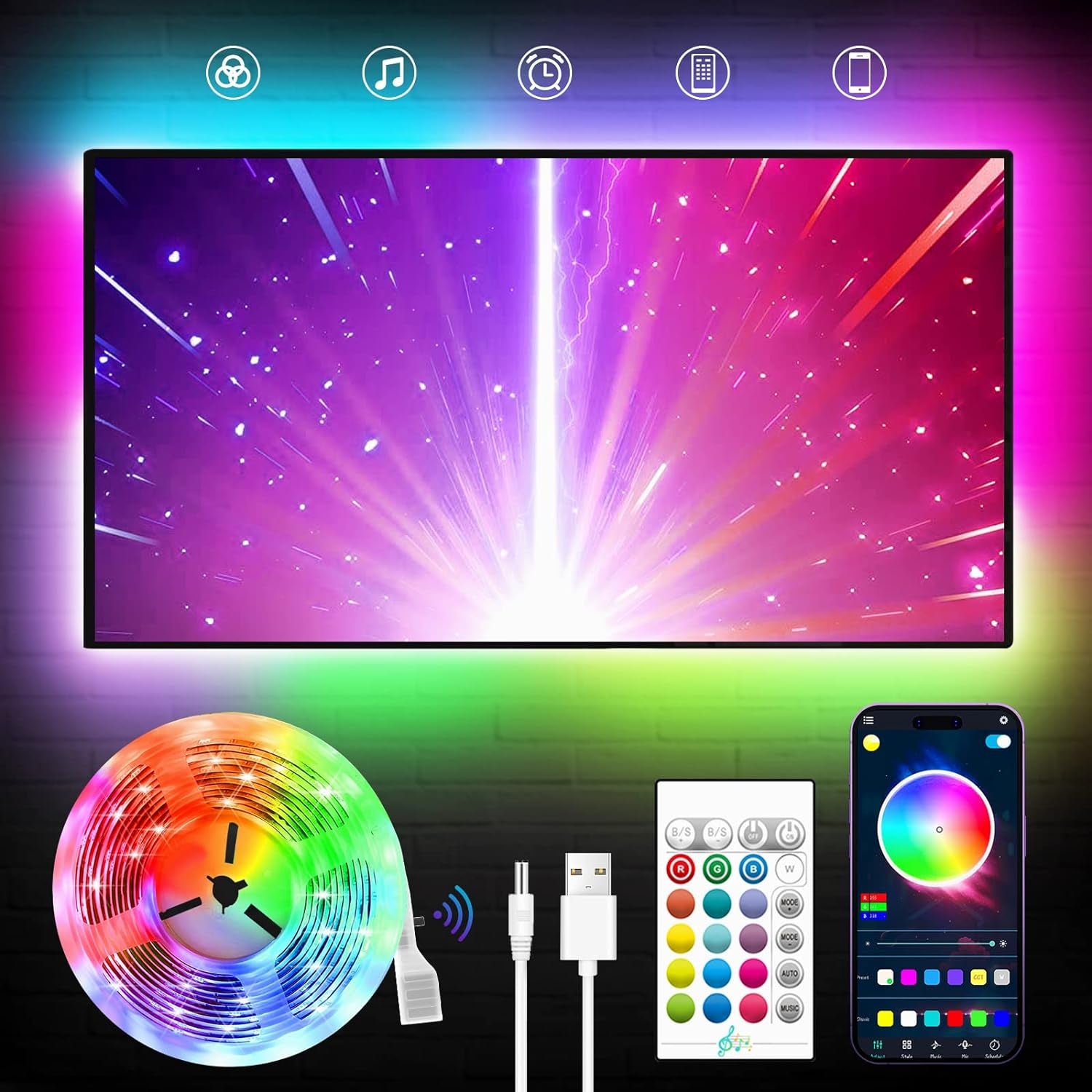 LED Lights for TV, 16.4Ft TV LED Lights for 45-75 Inch, RGB TV Lights Backlight Behind, Music Sync Bluetooth APP and Remote Control TV LED Strip Lights USB Powered for Bedroom/Gaming